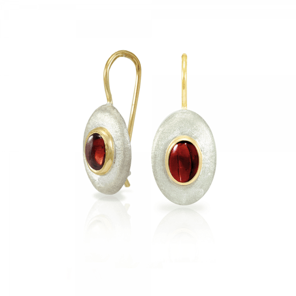 Surfboard Earrings Garnet with Solid Silver “Surfboard” and Gold trim by Scarab Jewellery Studio