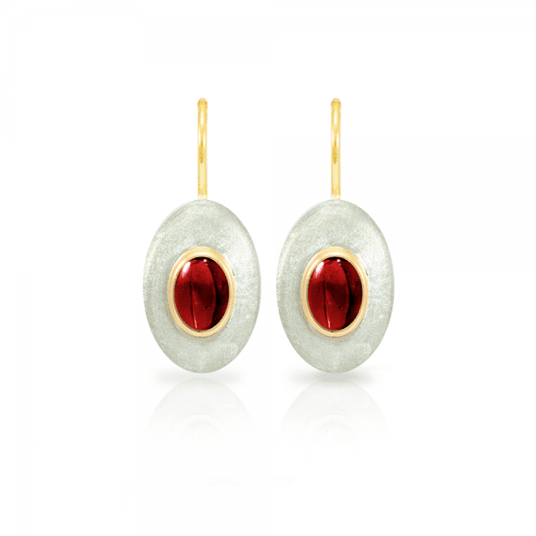 Surfboard Earrings Garnet with Solid Silver “Surfboard” and Gold trim by Scarab Jewellery Studio