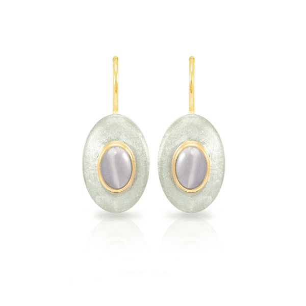 Surfboard Earrings Moonstone with Solid Silver “Surfboard” and Gold trim by Scarab Jewellery Studio