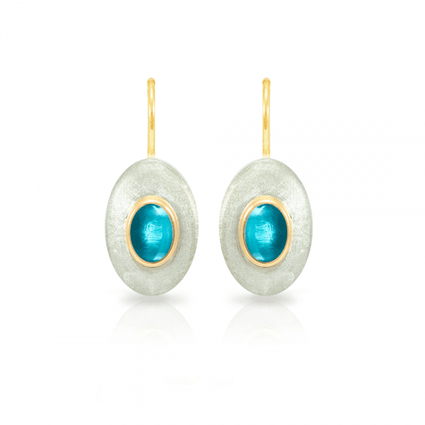 Surfboard Earrings Swiss Blue Topaz with Solid Silver “Surfboard” and Gold trim by Scarab Jewellery Studio