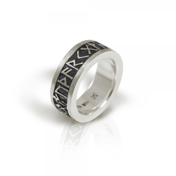 Rune Band in solid silver with oxidized relief by Scarab Jewellery Studio