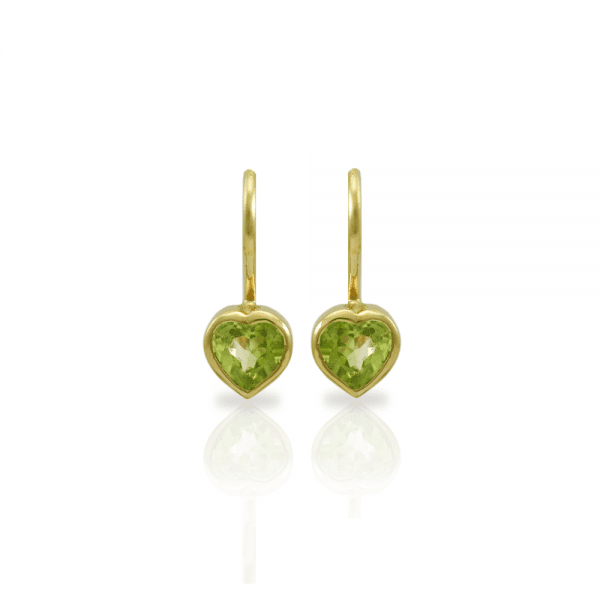 A Pair of Peridot Heart Earrings set in Gold by Scarab Jewellery Studio