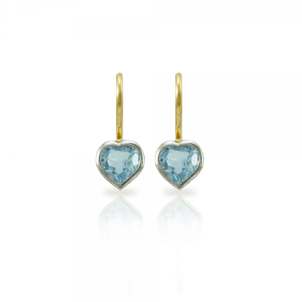 Swiss Blue Topaz heart earrings in silver and gold by Scarab Jewellery Studio