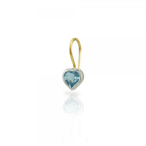3 quarter view of Swiss Blue Topaz heart earring in silver and gold by Scarab Jewellery Studio