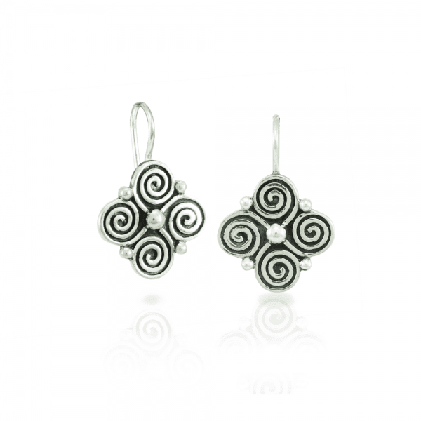 spiral clover silver earrings with blackened detail
