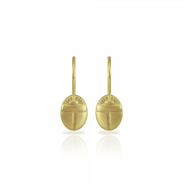 Tiny Scarab drop Earrings in solid yellow gold by Scarab Jewellery Studio