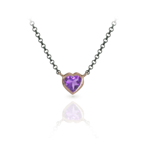 Amethyst Heart Necklace set in Rose Gold with Blackened Silver Chain by Scarab Jewellery Studio