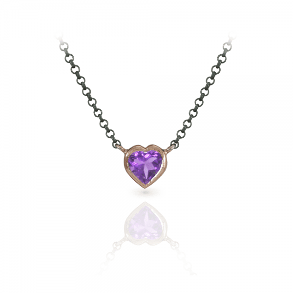 Amethyst Heart Necklace set in Rose Gold with Blackened Silver Chain by Scarab Jewellery Studio