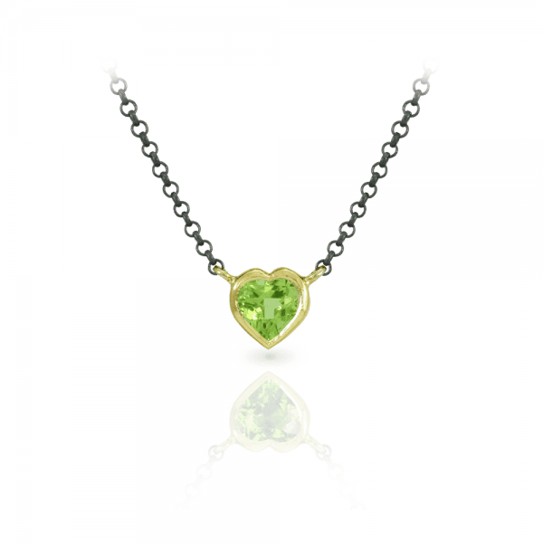 Peridot Heart Pendant set in Yellow Gold with Blackened Silver Chain by Scarab Jewellery Studio