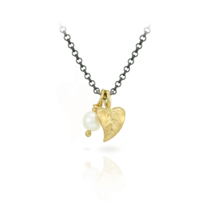 Pearl and Leaf Pendant Necklace in Yellow Gold and Blackened Silver Chain by Scarab Jewellery Studio