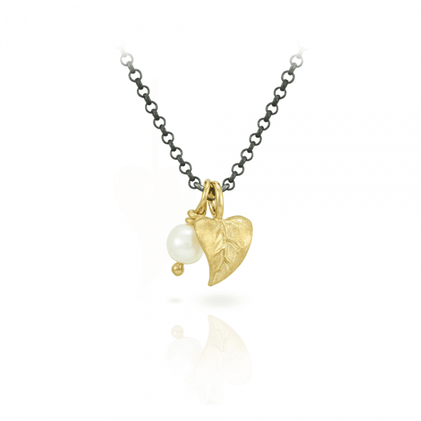 Pearl and Leaf Pendant Necklace in Yellow Gold and Blackened Silver Chain by Scarab Jewellery Studio