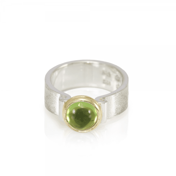 RG32 Peridot Greek Scroll Ring in Silver and yellow gold by Scarab Jewellery Studio