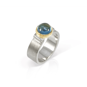 London Blue Topaz Greek Scroll Ring in silver with yellow gold setting by Scarab Jewellery Studio