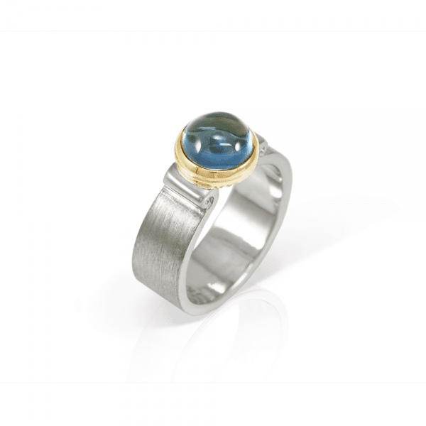 London Blue Topaz Greek Scroll Ring in silver with yellow gold setting by Scarab Jewellery Studio