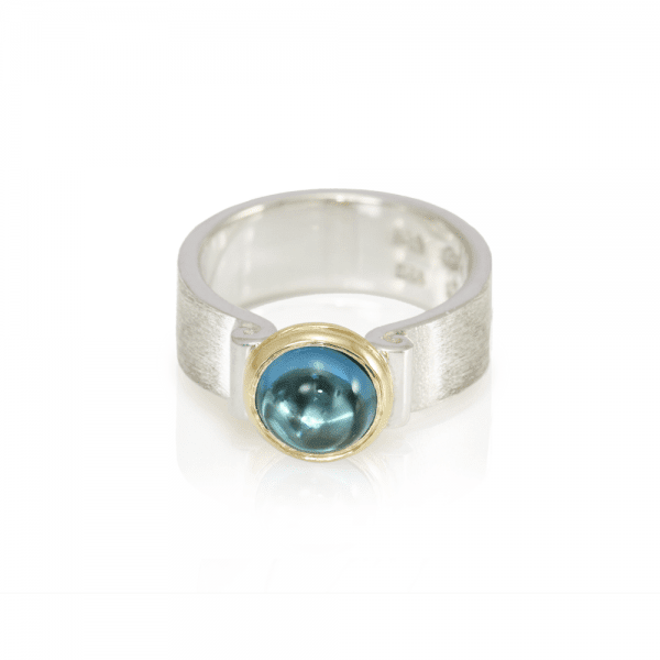 RG32 London Blue Topaz Greek Scroll Ring in silver with yellow gold setting by Scarab Jewellery Studio