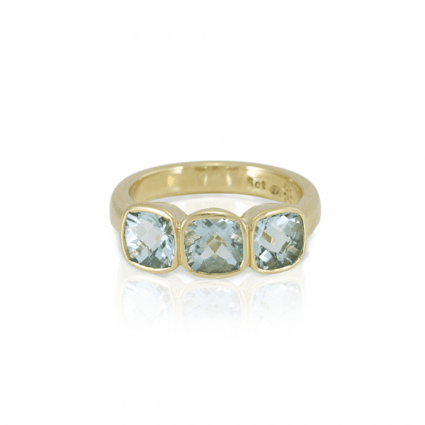 RG64 Three Stone Aquamarine ring in yellow gold by Scarab Jewellery Studio
