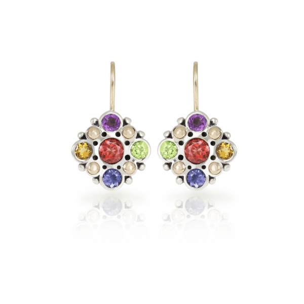 Victorian earrings in silver and yellow gold with gemstone mix