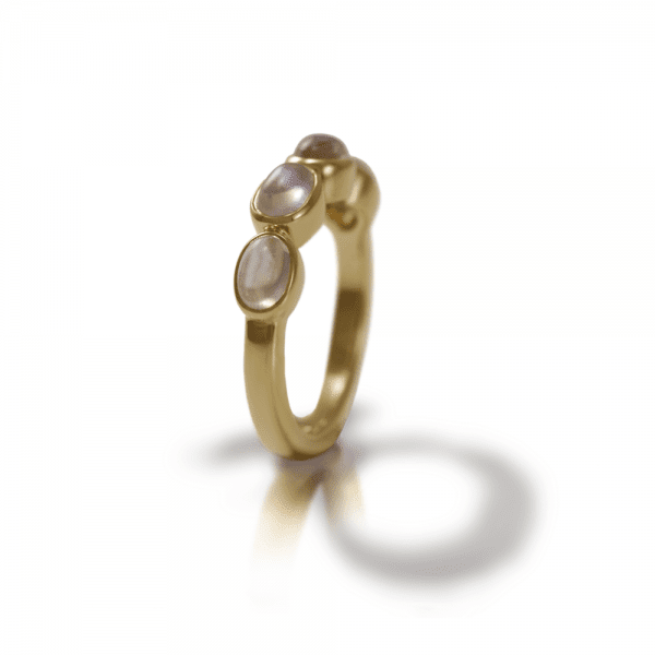 Yellow Gold Rainbow Moonstone Ring with four moonstones by Scarab Jewellery Studio