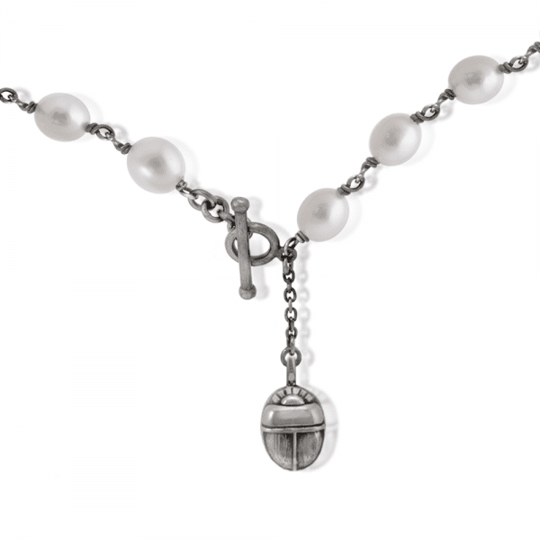 white pearl choker necklace close up of scarab fob detail by Scarab Jewellery Studio
