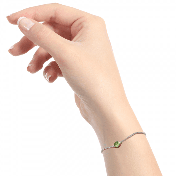 Peridot Cabochon Bracelet silver on model by Scarab Jewellery Studio