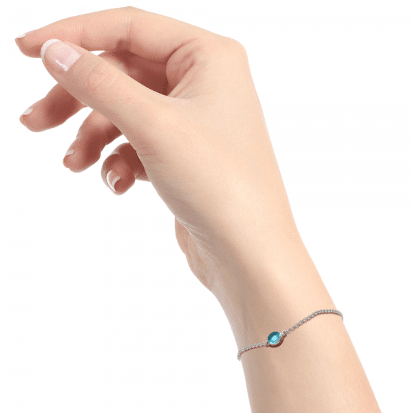 Swiss Blue Topaz Cabochon Bracelet silver on model by Scarab Jewellery Studio