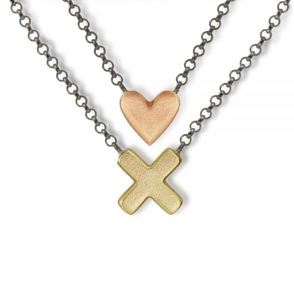 Yellow Gold Cross Necklace and Rose Gold Heart Necklace by Scarab Jewellery Studio