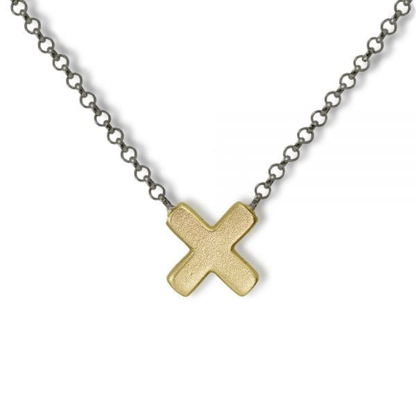 Yellow Gold Cross Necklace with blackened silver integrated chain by Scarab Jewellery Studio
