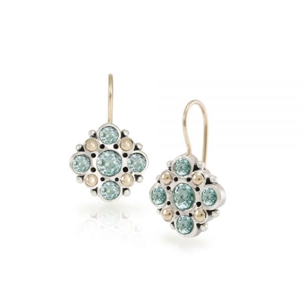 Victorian earrings blue topaz set in Silver with yellow gold beads by Scarab Jewellery Studio London