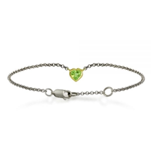 Silver 9ct yellow gold peridot heart bracelet by Scarab Jewellery Studio