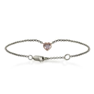 Silver 9ct red gold rose quartz heart bracelet by Scarab Jewellery Studio