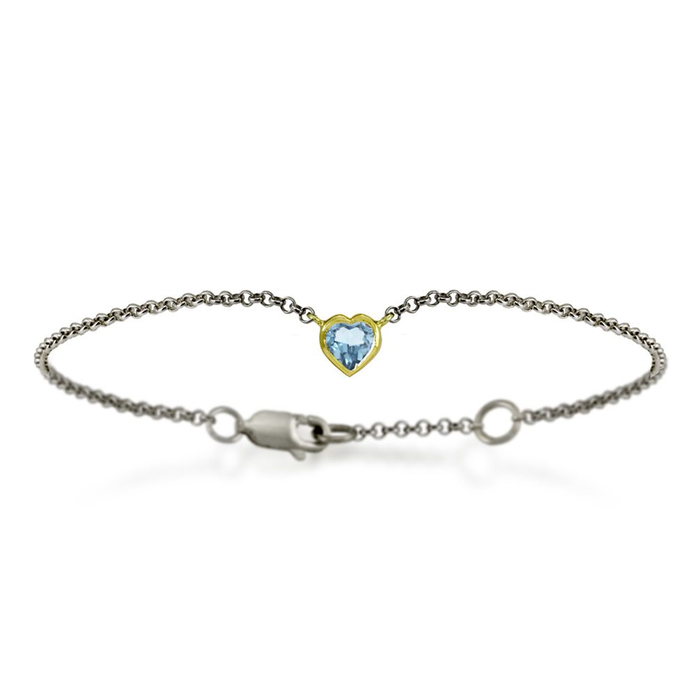 Silver 9ct yellow gold sky blue topaz heart bracelet by Scarab Jewellery Studio