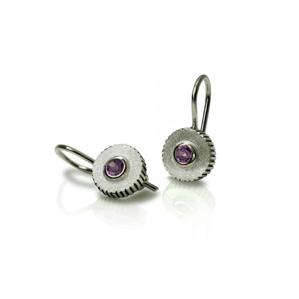 Amethyst Silver Round Cog Earrings by Scarab Jewellery Studio - February Birthstone Jewelry