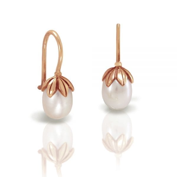 Small Chinese Red Gold Teardrop Pearl Earrings with solid red gold leaf design by Scarab Jewellery Studio