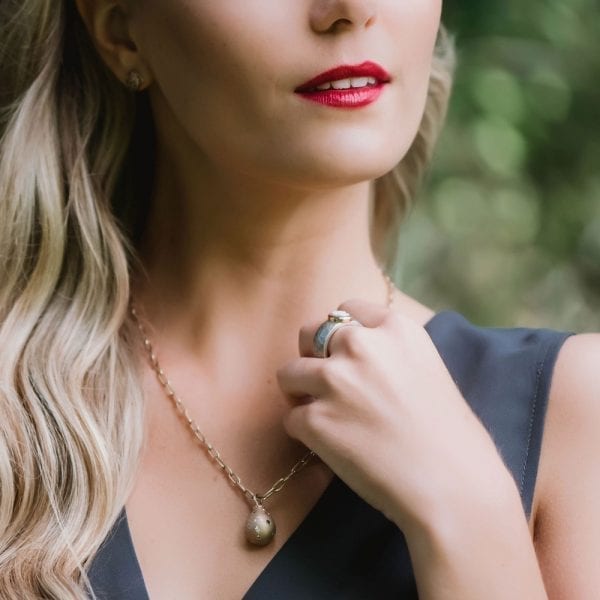 Gemstone Studded Gold Teardrop Pendant Necklace with Modern Silver Cameo Ring by Scarab Jewellery Studio