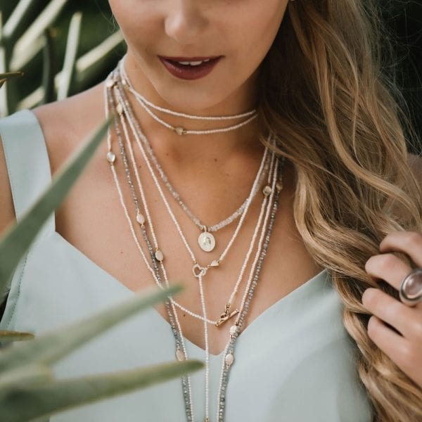 rose gold scarab labradorite faceted bead necklace with seed pearl wrap necklace by Scarab Jewellery Studio