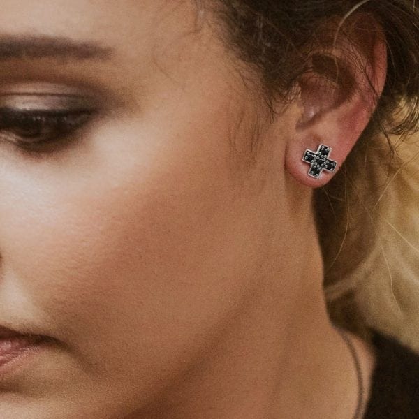 Silver Swiss Cross Black Diamond Earrings by Scarab Jewellery Studio