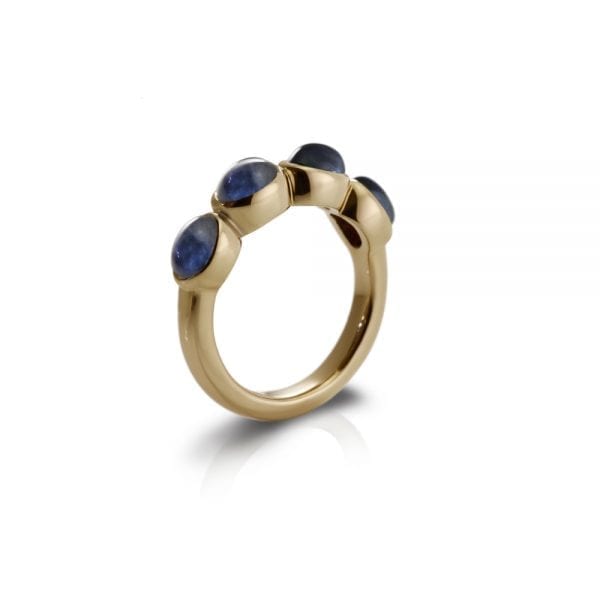 Gold Ring Four Blue Sapphire Oval Cabochons by Scarab Jewellery Studio