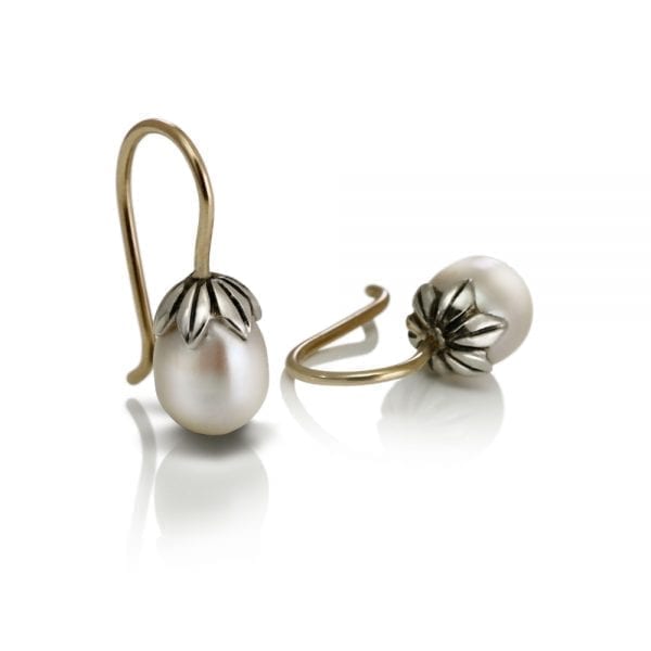 Silver Gold Teardrop Pearl Earrings by Scarab Jewellery Studio