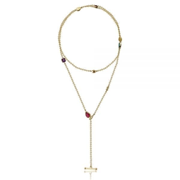 Gold Lariat Necklace MultiColored Gemstones by Scarab Jewellery Studio