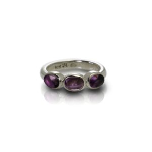 Silver Ring Three Amethyst Oval Cabochons by Scarab Jewellery Studio - February Birthstone Jewelry