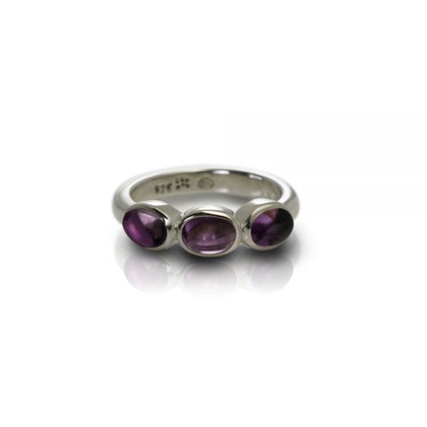 Silver Ring Three Amethyst Oval Cabochons by Scarab Jewellery Studio - February Birthstone Jewelry