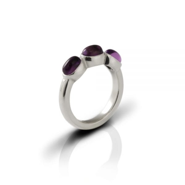 Silver Ring Three Amethyst Oval Cabochons by Scarab Jewellery Studio - February Birthstone Jewelry