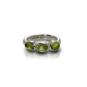 Silver Ring Three Peridot Oval Cabochons by Scarab Jewellery Studio