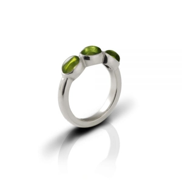 Silver Ring Three Peridot Oval Cabochons by Scarab Jewellery Studio