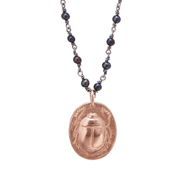 Black Pearl Red Gold Rune Scarab Pendant by Scarab Jewellery Studio